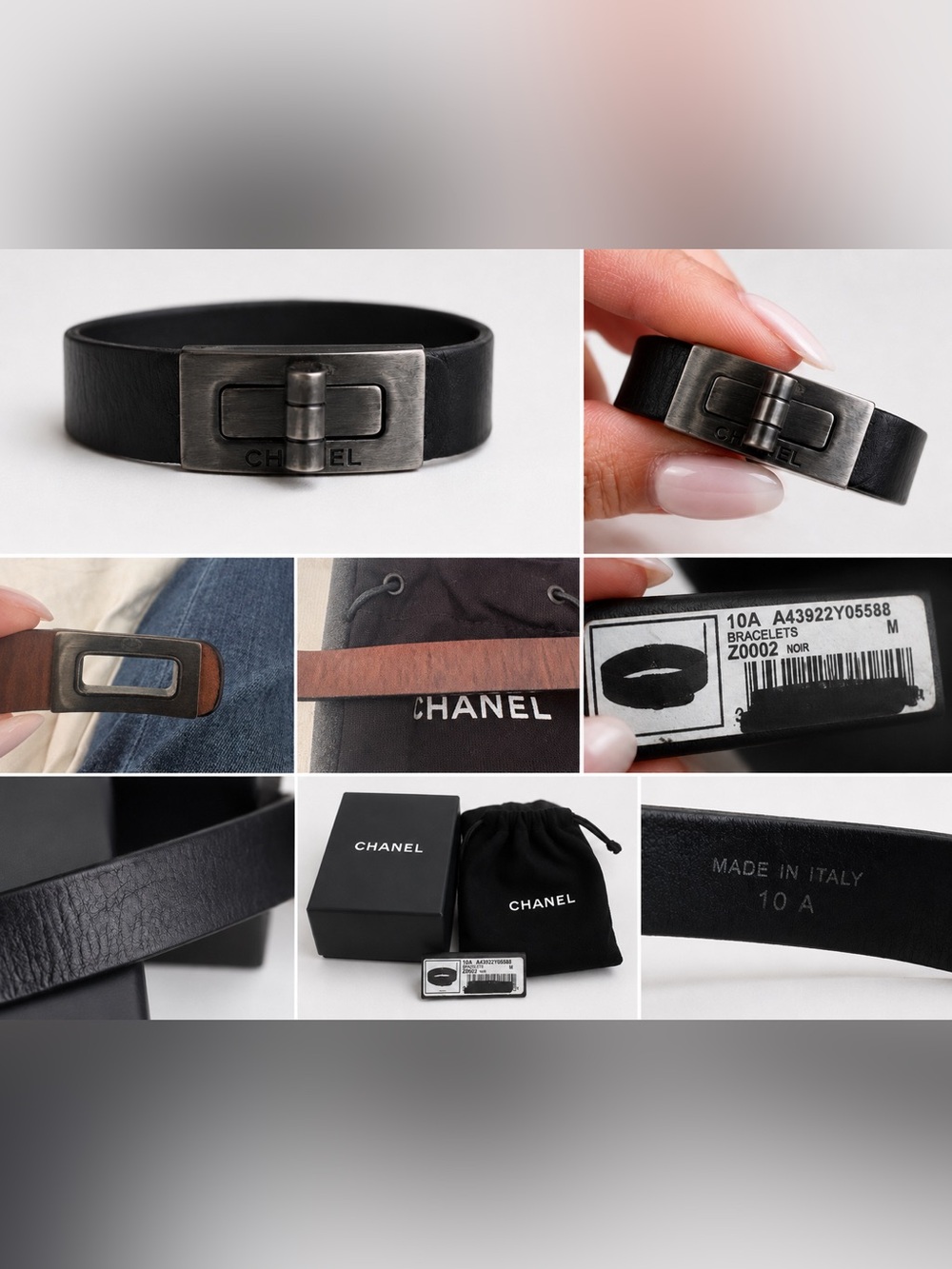 Chanel Black Leather Turn-Lock Bracelet with Box, Pouch & Tag